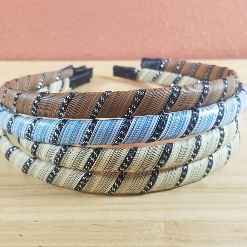Girl Headbands Lot 4 Pcs 1/2" Wide Sequin Hairbands Tan, Brown, Blue with Silver